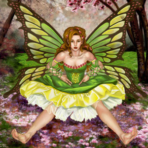 fairy seated under an orchard looks mischievously at viewer