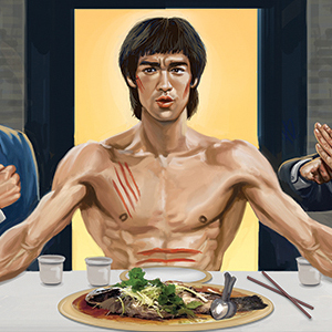 Bruce Lee is poised at the Last Supper with Jet Li, Michelle Yeoh, Jackie Chan, Sammo Hung, Yuen Biao, Gordon Liu, Chuck Norris, Steven Segal, Tony Jaa, Wesley Snipes, Donnie Yen and Jean Claude Van Damme