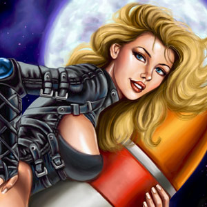 A sexy space girl rides a rocket as it soars in the galaxy