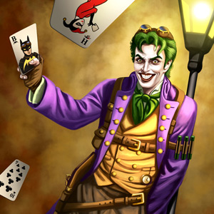 Super Villian Steampunk Joker is leaning against a lamp post and throwing cards