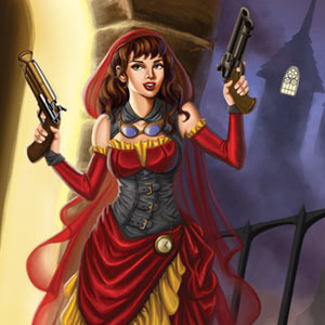 Steampunk little red riding hood is armed with two guns in smoky victorian london