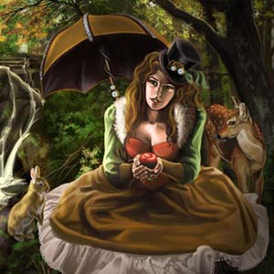 Steampunk snow white is in the woods with the poison apple and a rabbit and fawn
