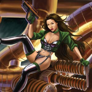 Aiko Tanaka inspired sexy heroine is seated among steampunk pipes in background